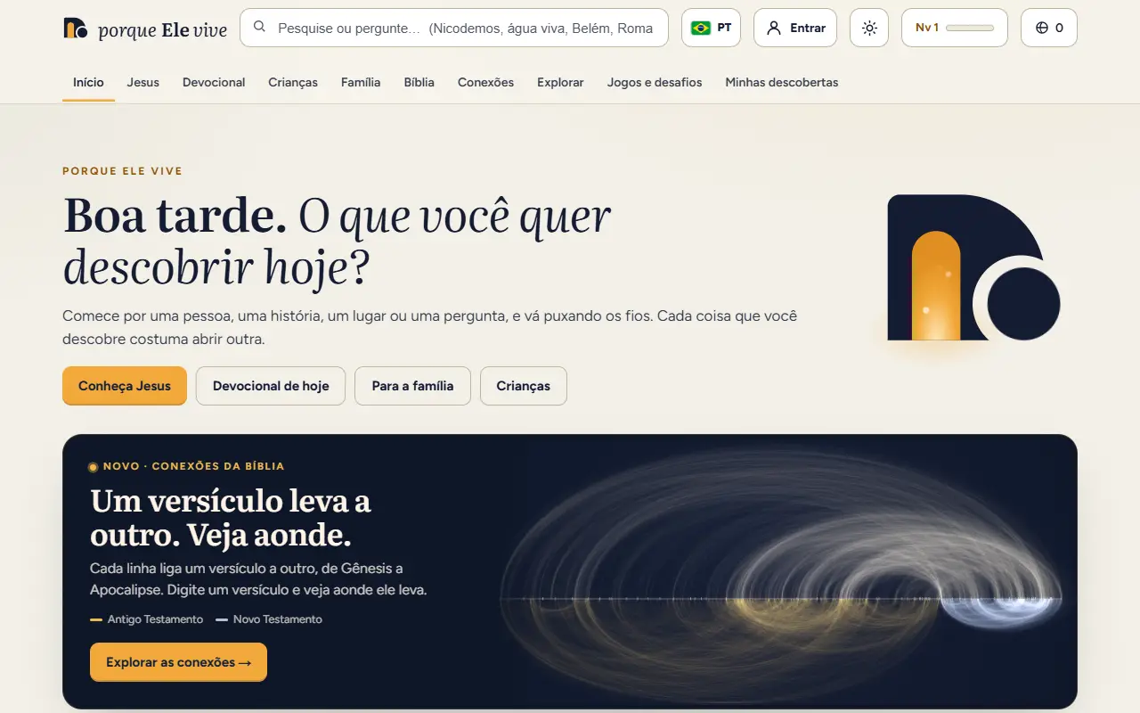 Página inicial do Porque Ele Vive, com busca, menu de temas e a entrada para as conexões da Bíblia